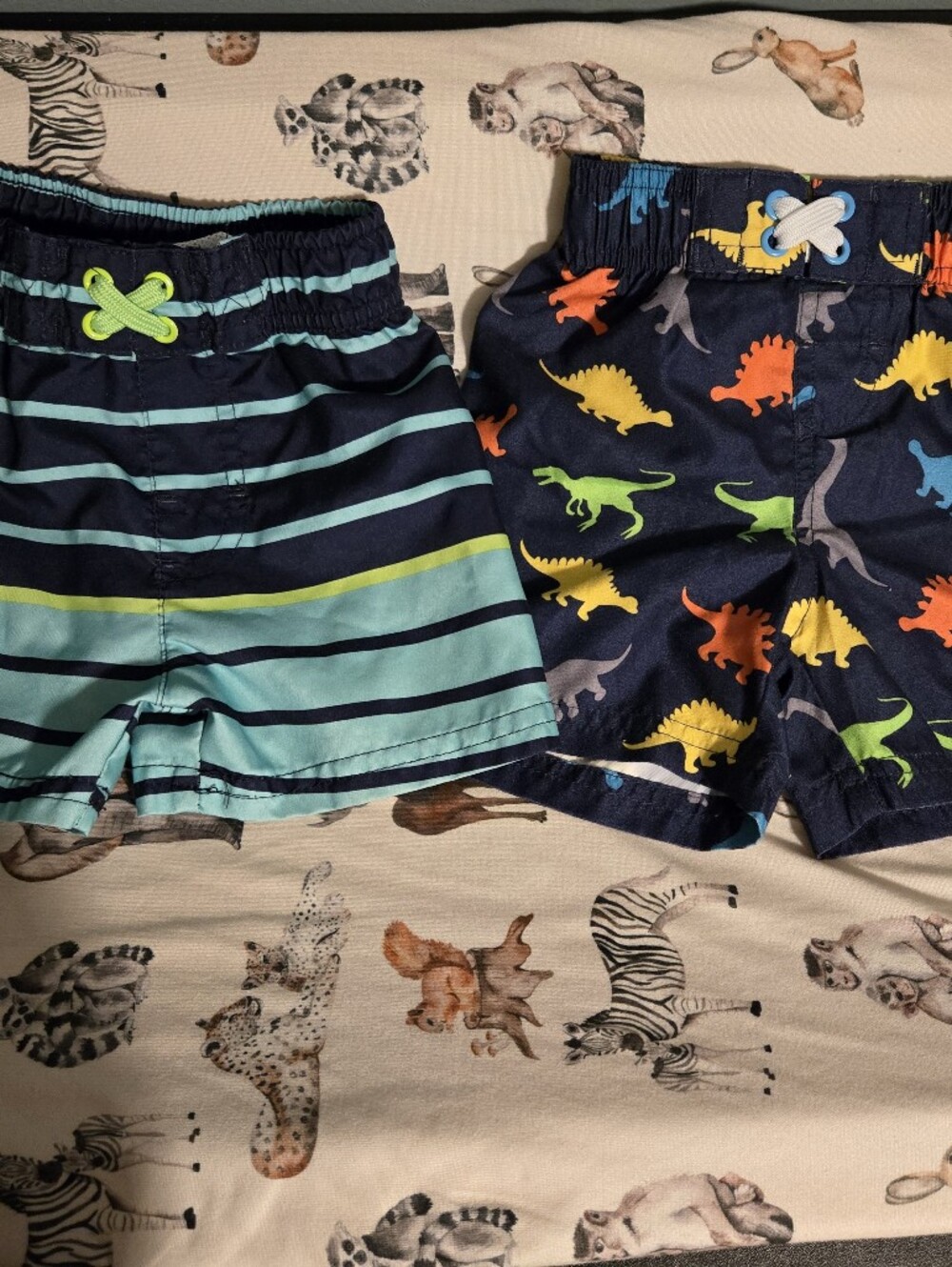Swiggles Navy Dino Print & Aqua Striped Kids Swim Trunks